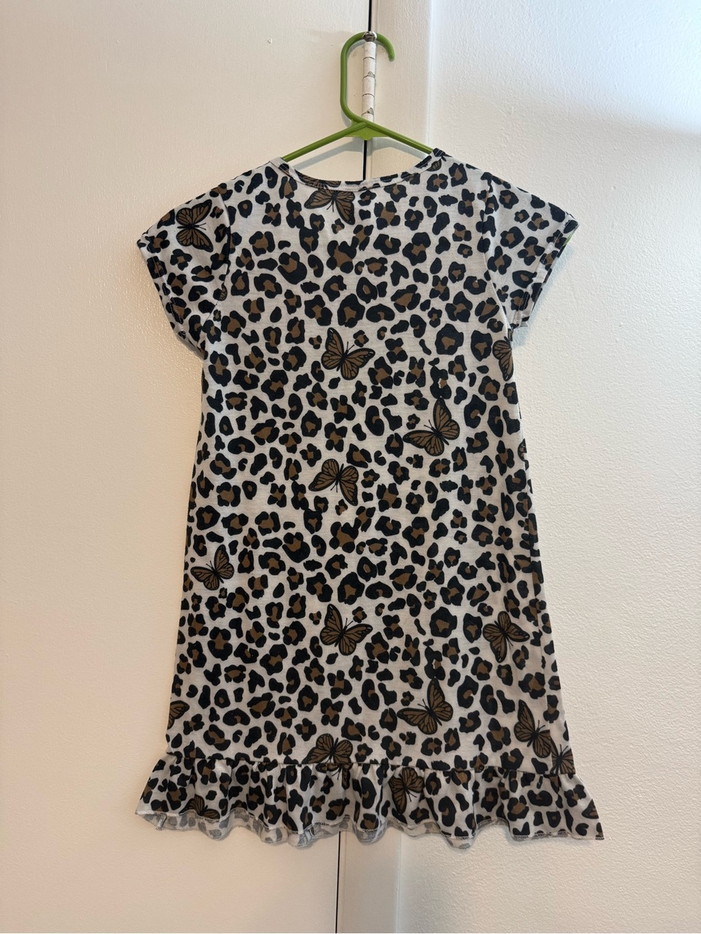 Girls' Leopard & Butterfly Ruffle-Hem Casual Dress - White/Tan